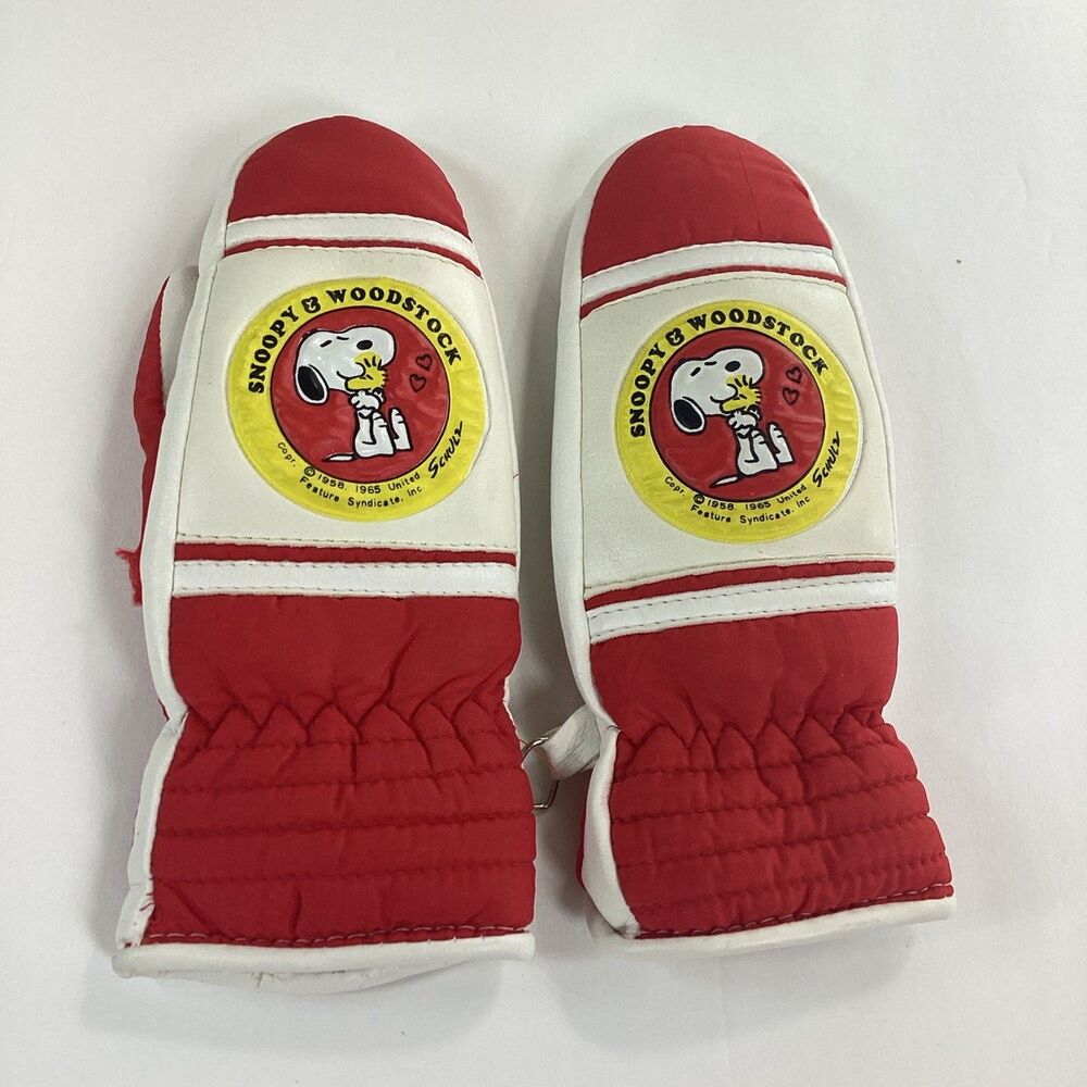 Vintage 1965 Snoopy Woodstock Snow Mittens Gloves Kids Size Small Red White